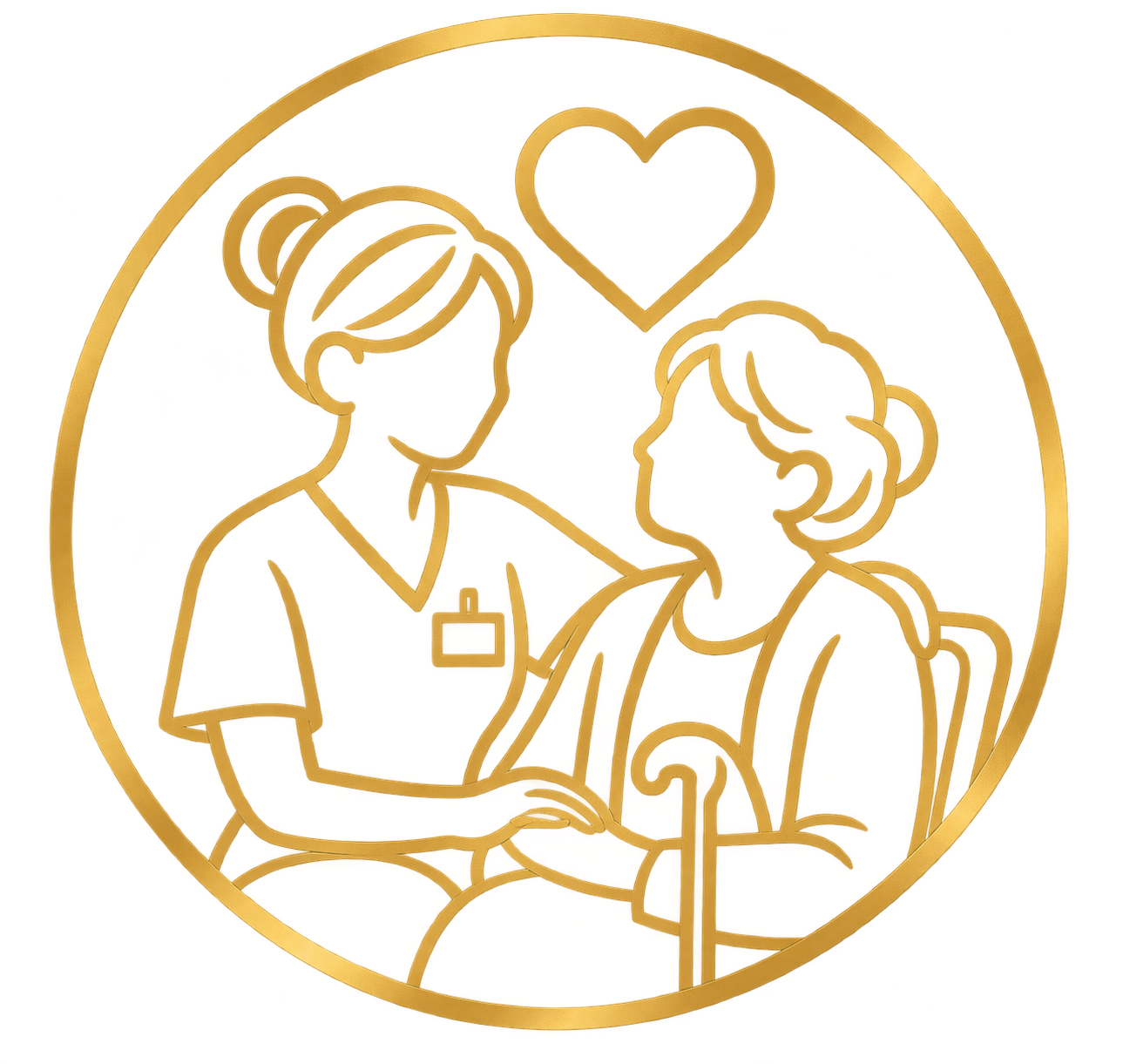 Gold outline of two women, one giving a kiss on the cheek, with a heart above them.