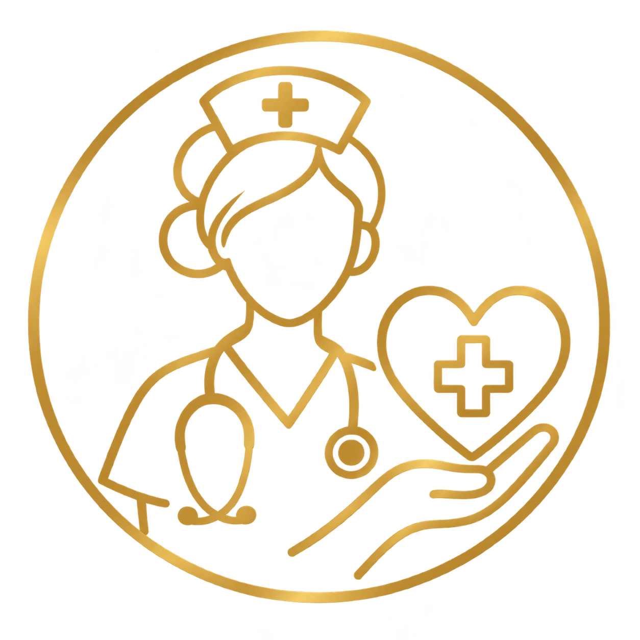 A line drawing of a healthcare professional with a stethoscope holding a heart with a medical cross inside, symbolizing health and medical care.
