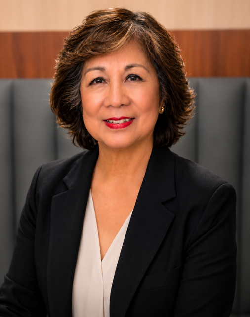 Professional woman with short brown hair smiling in a black blazer and white blouse, sitting in a formal office setting.