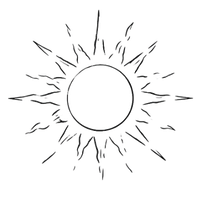 Black background with a circular design resembling a sun or burst with radiating lines around a central circle.
