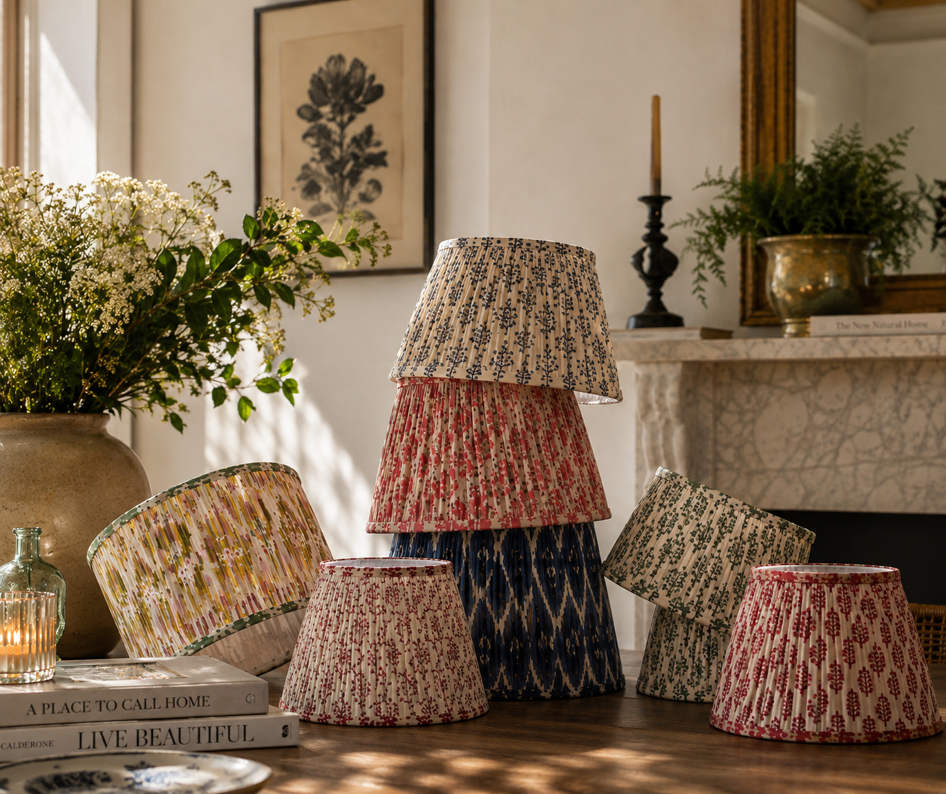 A collection of patterned lampshades stacked on a wooden table near a large vase with greenery, with books and a lit candle nearby, in a cozy, decorated interior