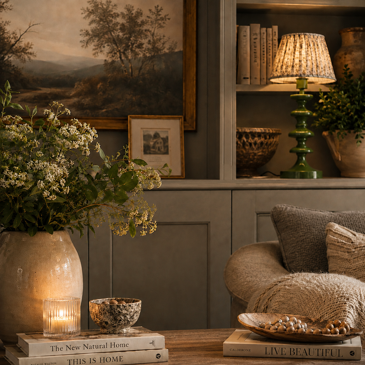 Decorative living room corner with a large beige vase of white flowers, books, and a candle on a wooden table, a sofa with pillows, a wall with art, a cabinet with bowls, a lamp, and plants.