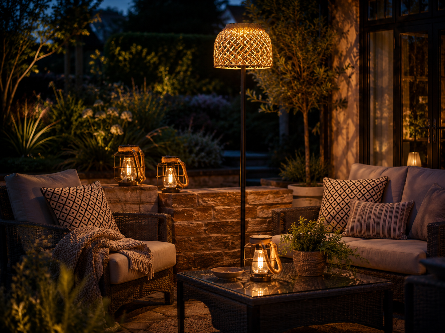 Outdoor patio furniture with cushioned sofas and pillows, illuminated by warm lantern and lamp light, surrounded by greenery and potted plants at dusk.