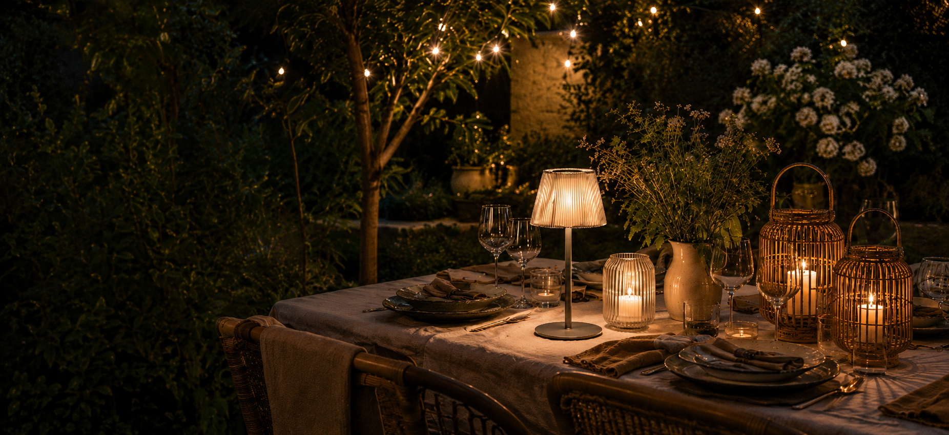 An outdoor dining table set for a dinner at night, illuminated by candles and table lamps. The table has plates, glasses, napkins, and decorative lanterns, surrounded by lush greenery and string lights overhead.