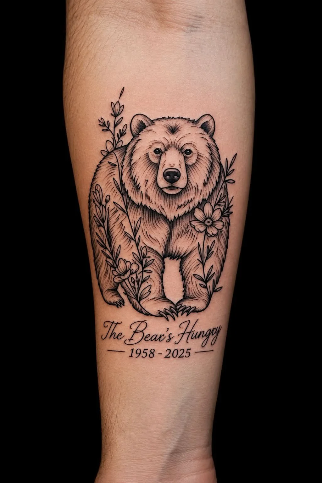Tattoo of a bear surrounded by flowers and leaves with the inscription 'The Bear's Hungry' and the years 1958 to 2025.