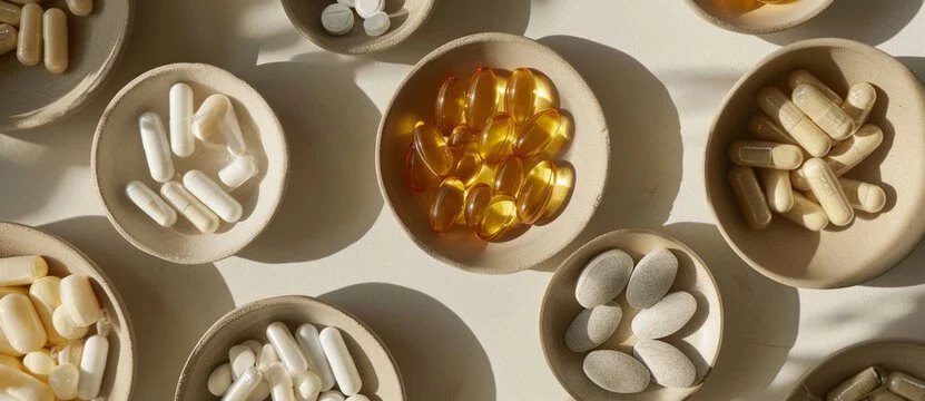 Various bowls containing different types of pills and capsules, including white, yellow, gray, and amber-colored pills, on a white surface.