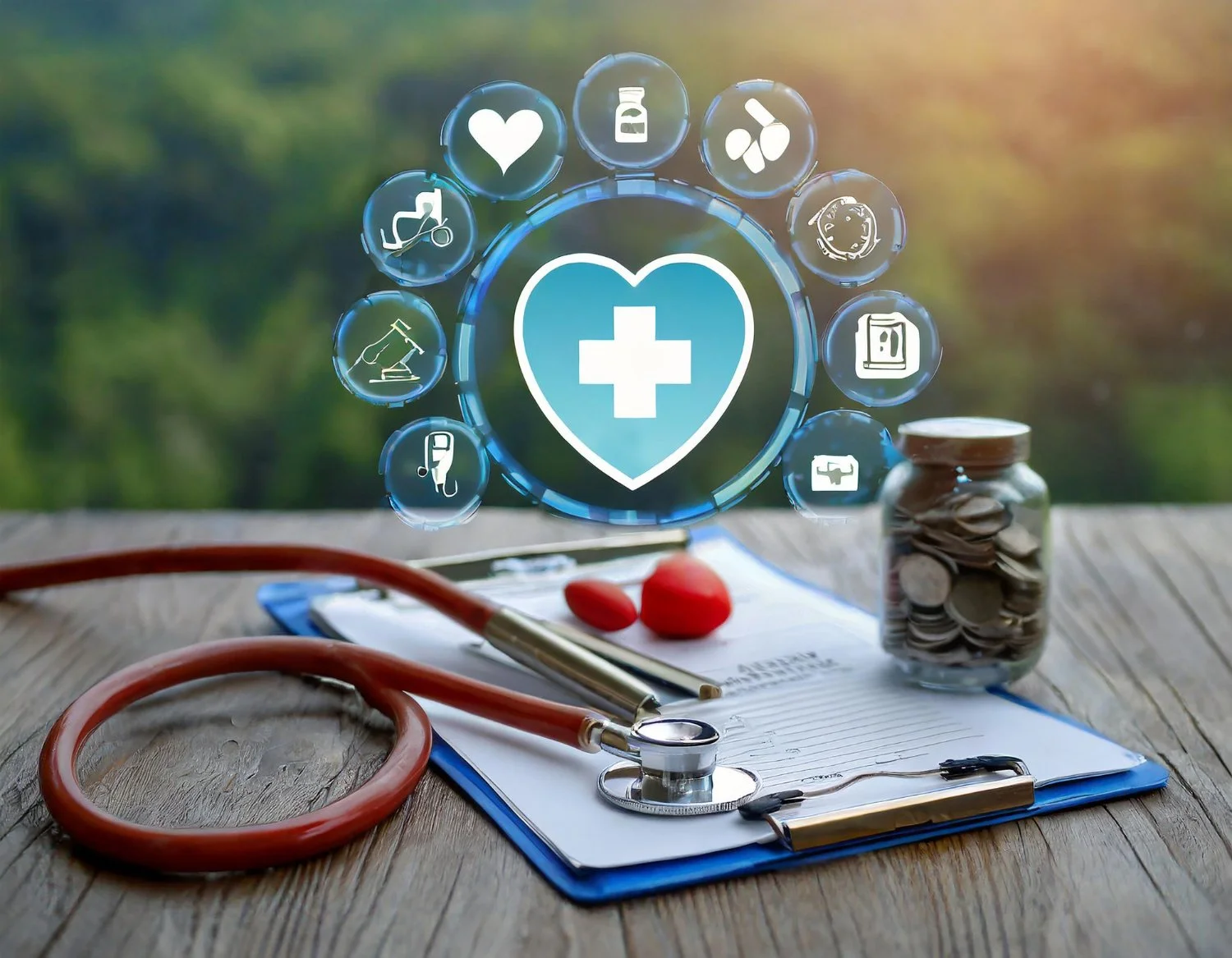A stethoscope, a clipboard with papers, a jar of coins, and two red pills on a wooden surface with a blurred green outdoor background. Digital icons representing healthcare, medicine, and wellness are overlaid.