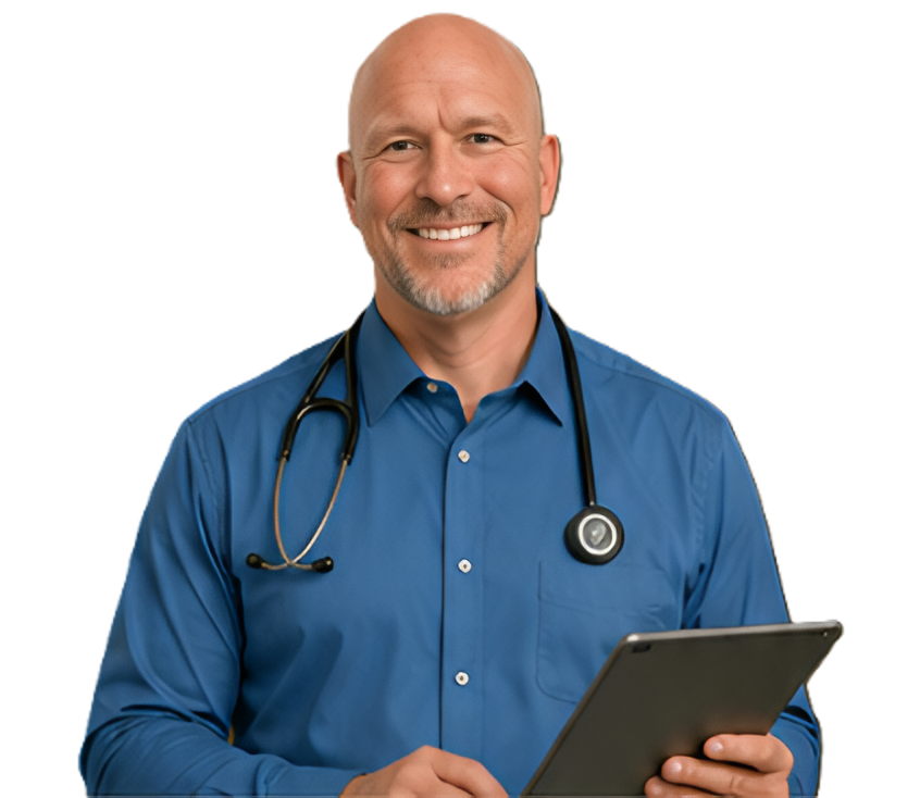 A smiling male doctor with a stethoscope around his neck, wearing a blue shirt, holding a tablet device.