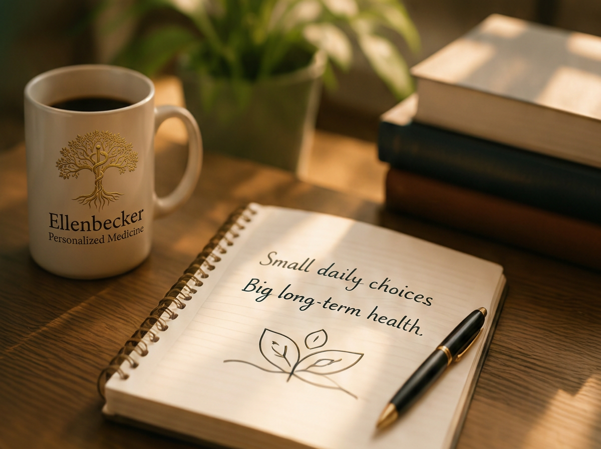 A spiral notebook with the handwritten phrase "Small daily choices, Big long-term health" and a simple leaf doodle, a black and gold pen, a coffee mug with the Ellenbecker Personalized Medicine logo, and a stack of books on a wooden desk with a green plant in the background.