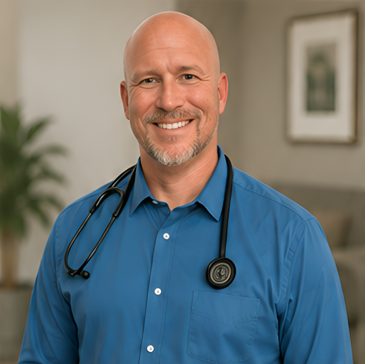 A smiling male doctor wearing a blue shirt and a stethoscope around his neck in a medical office.