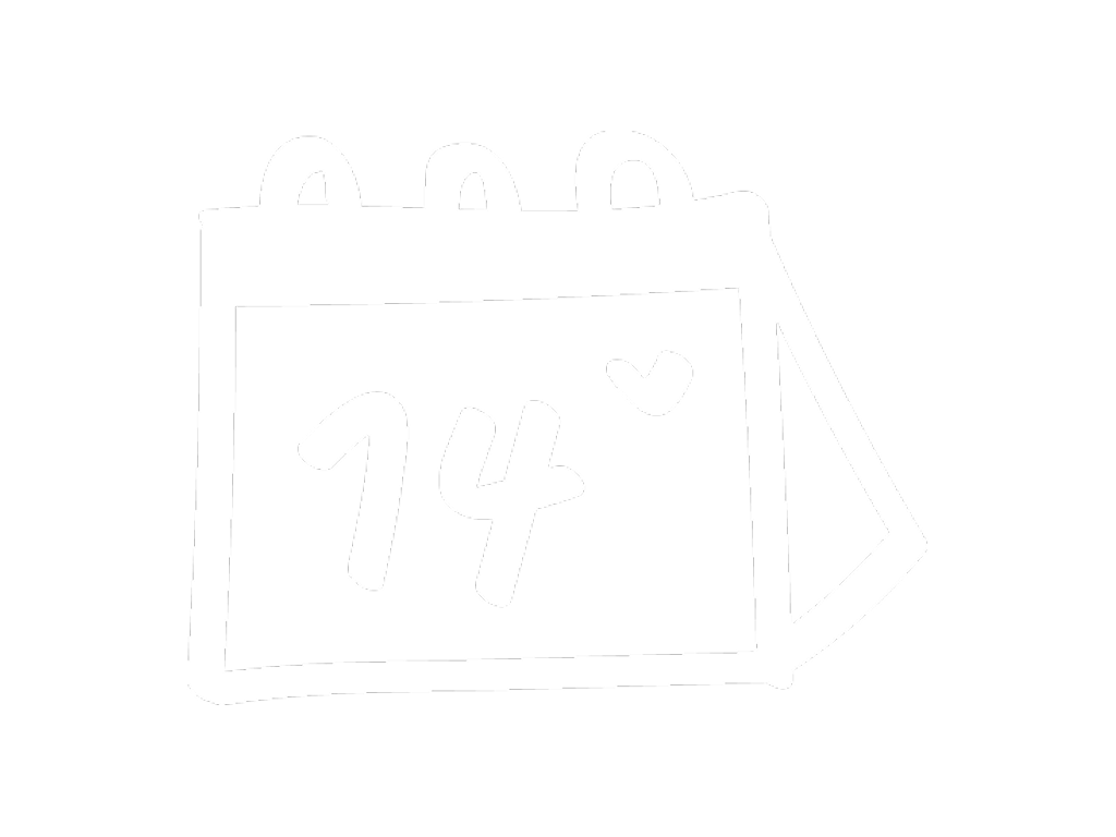 A black and white illustrated calendar page showing the date 14, with a small heart symbol above the date.