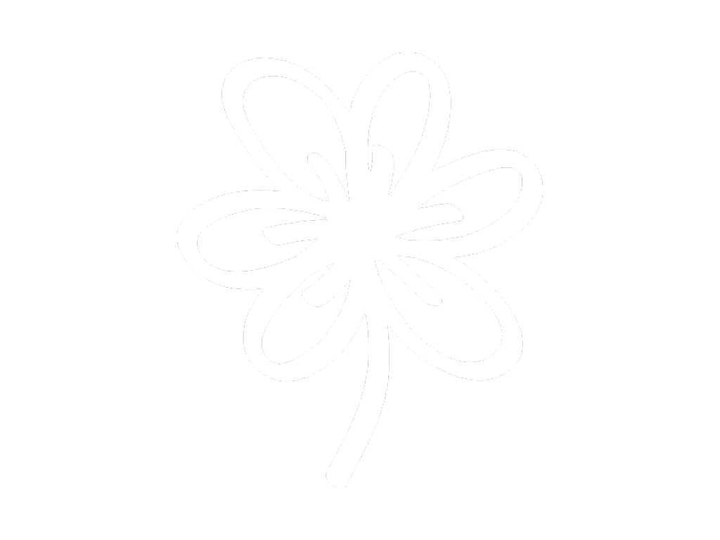 White outline of a four-leaf clover on a black background.