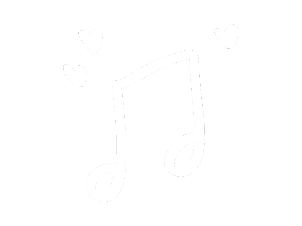 White musical notes with three small hearts above on a black background.