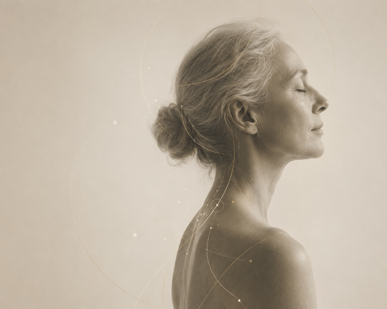 Portrait d'une femme âgée aux cheveux gris en profil avec une expression de calme, le regard fermé, lumière douce, arrière-plan neutre.