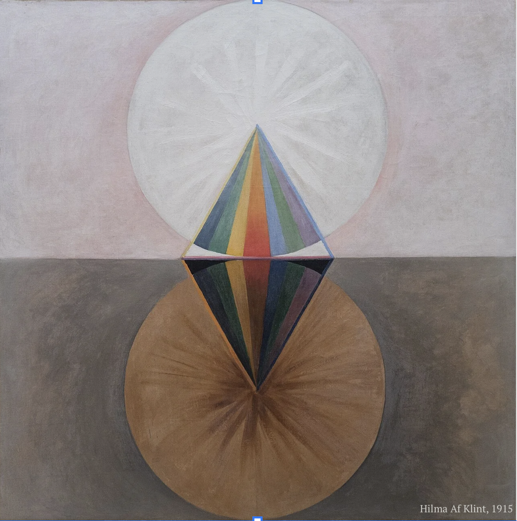 Painting of a rainbow-colored prism with light entering one side and a rainbow spectrum emerging from the other, reflected in a circular mirror on a gray surface. Created by Hilma Af Klint in 1915.