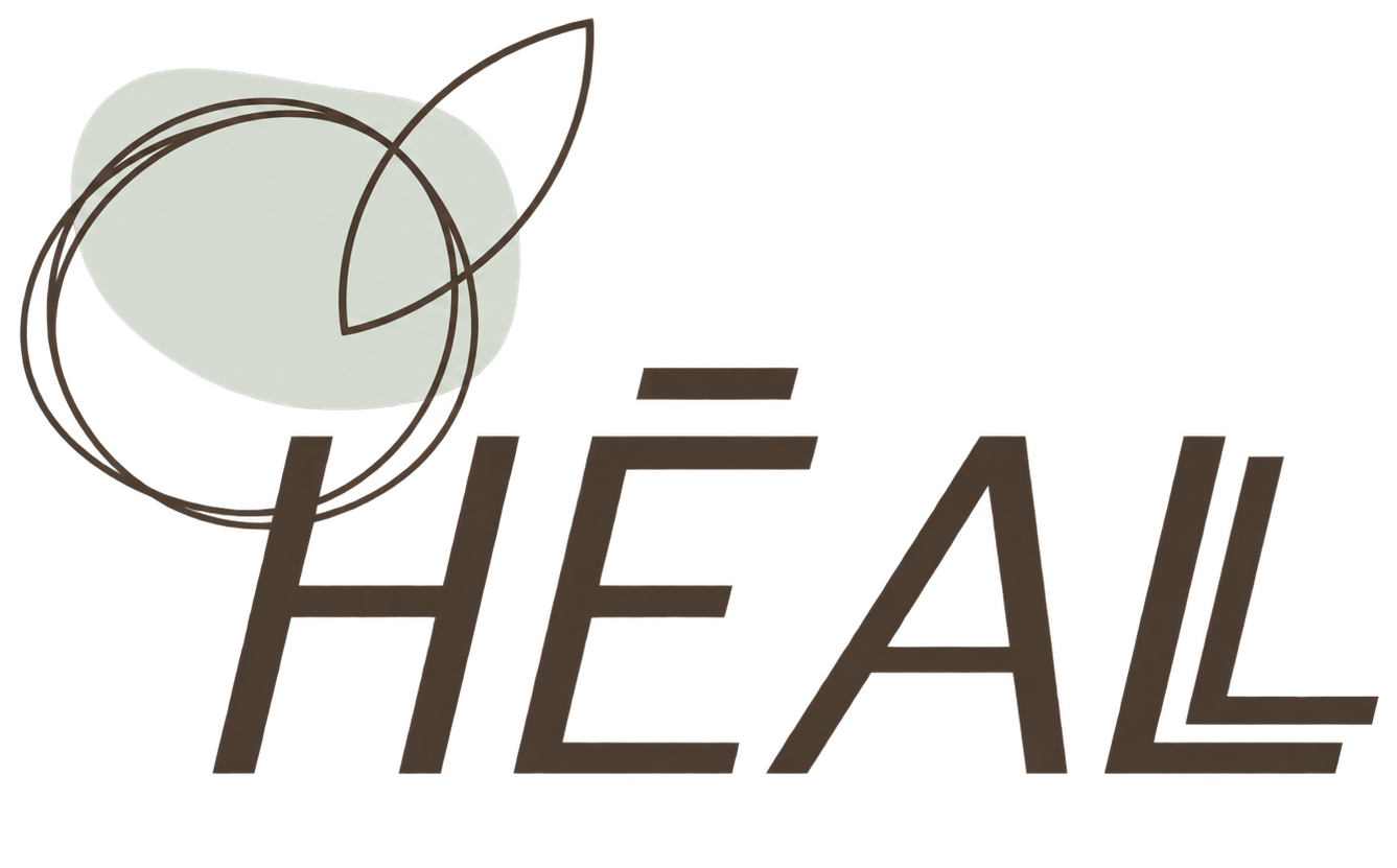 Logo met een ronde ontwerp en de tekst 'HEAL' eronder.