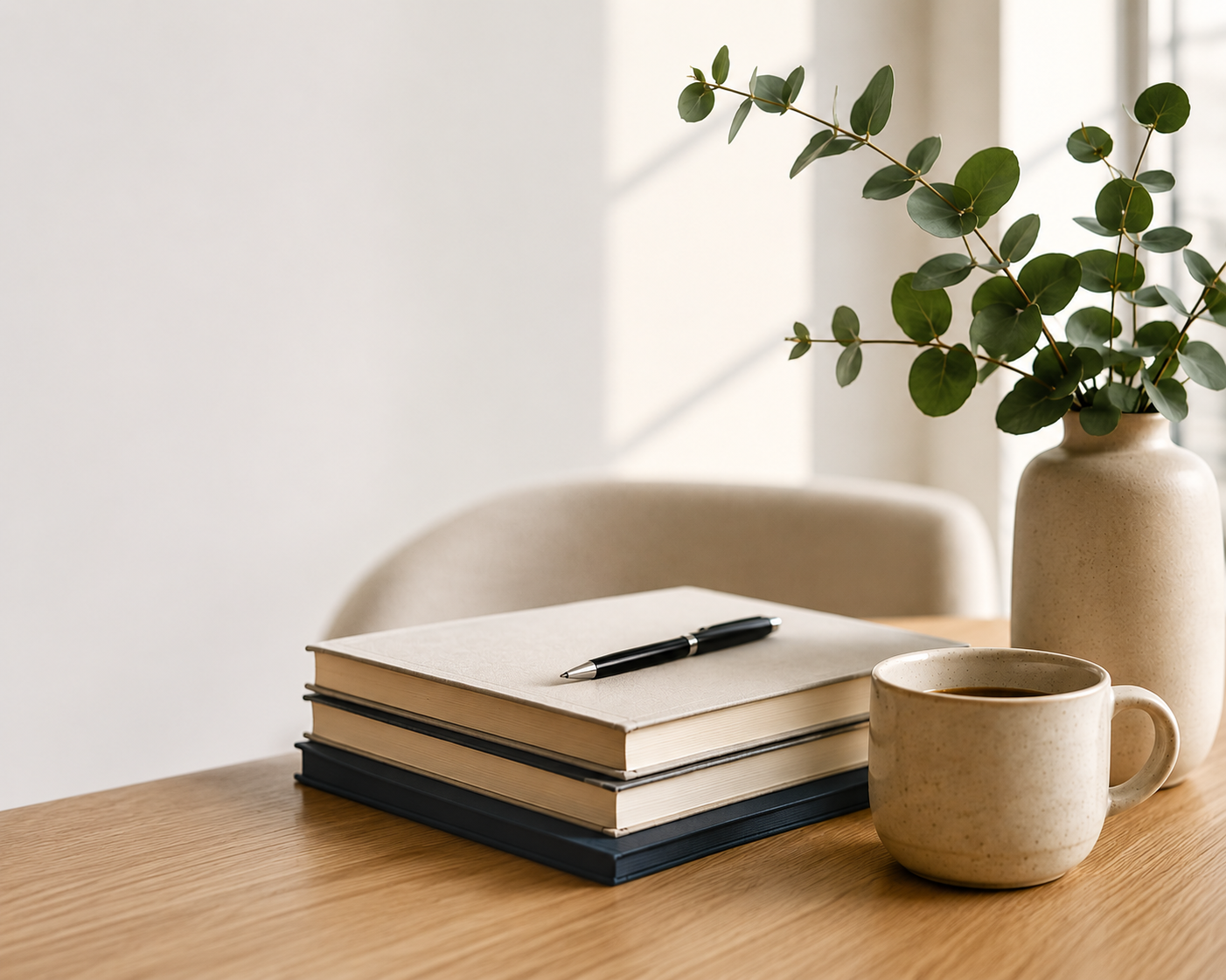 A wooden table with a stack of three notebooks, a black pen on top, a beige ceramic mug with coffee, and a beige vase with green eucalyptus leaves.