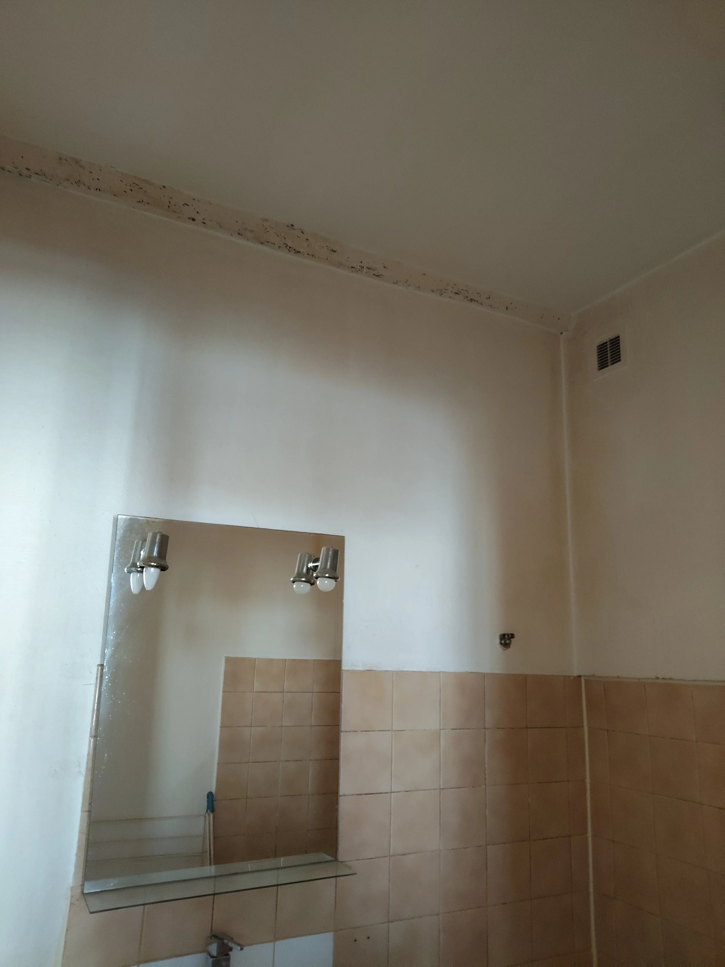 Salle de bain avec un miroir, deux appliques lumineuses, un robinet au bas, un mur blanc, un mur avec des carreaux beige, un conduit de ventilation dans le coin supérieur droit.