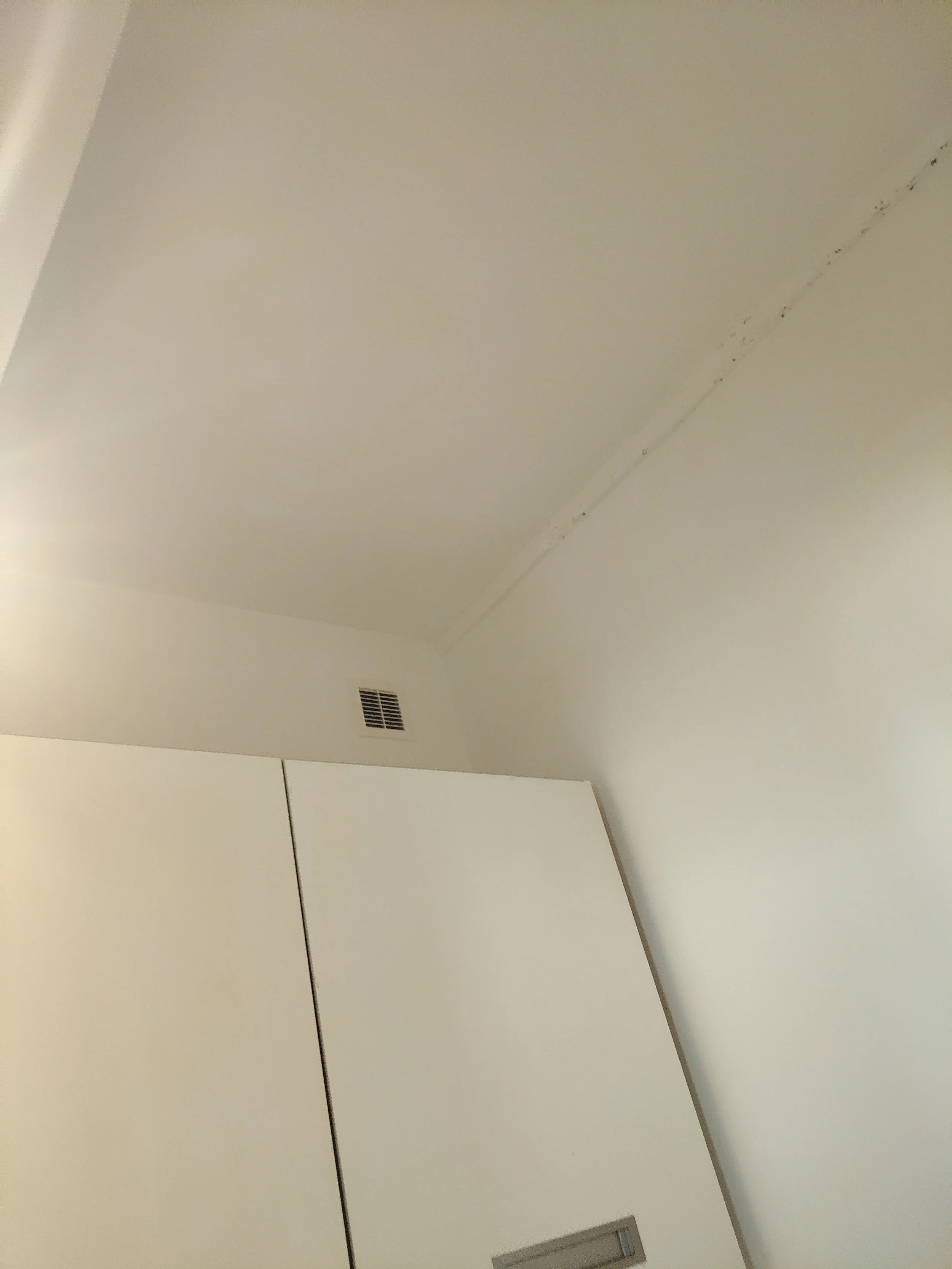 Plafond blanc avec une grille de ventilation et un système de détection de fumée.
