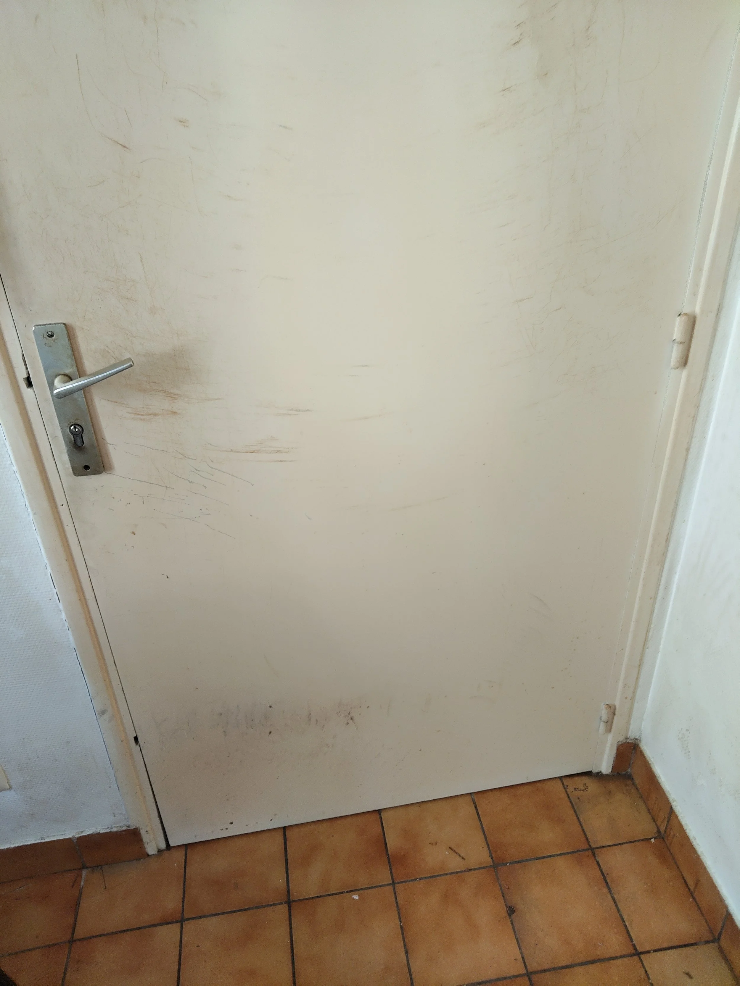 Une porte en bois blanc avec des marques visibles et une poignée en métal, située dans une pièce avec un sol en carreaux de terre cuite.