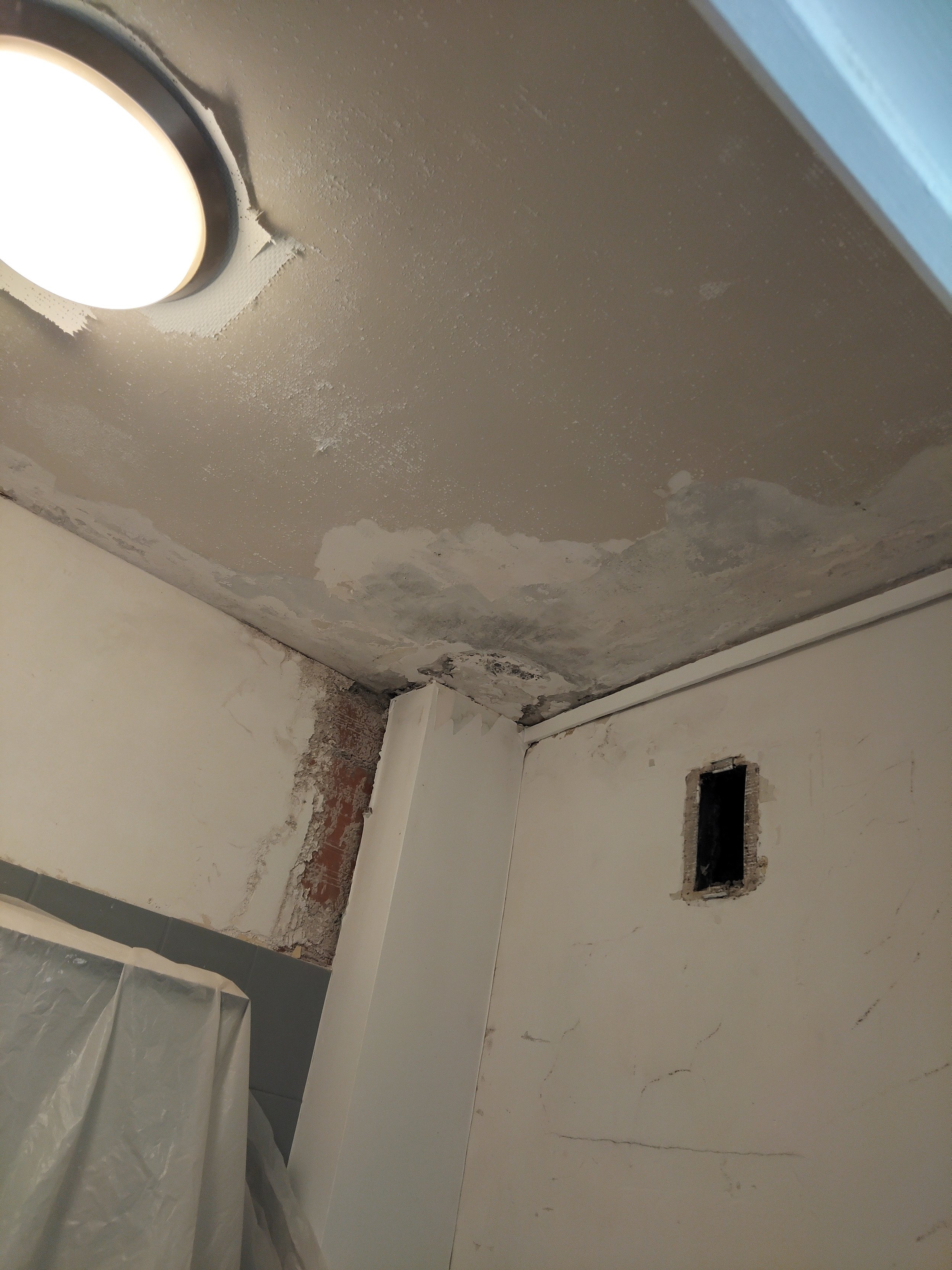 Plafond en cours de rénovation avec des travaux d'isolation et de peinture en préparation.