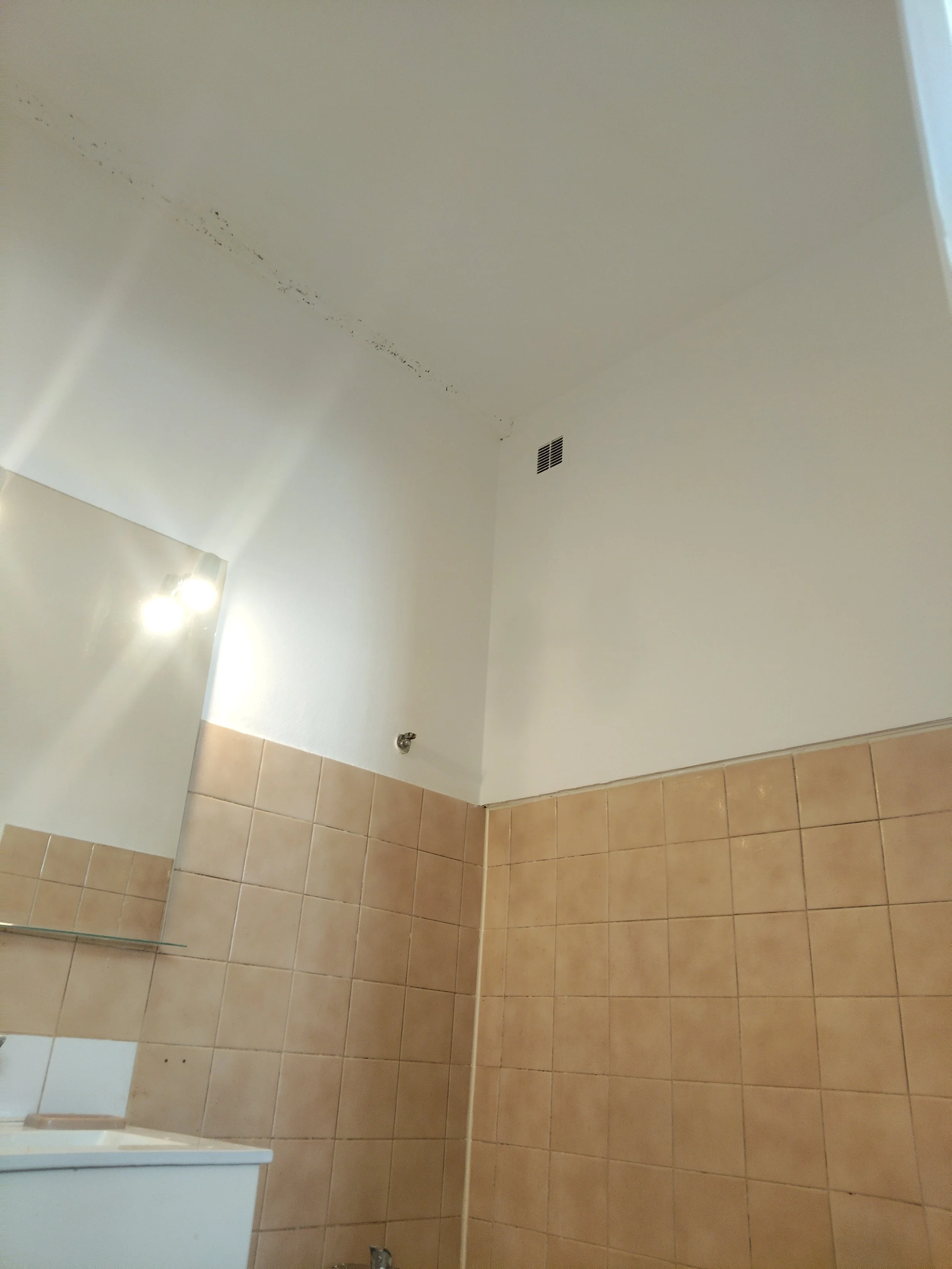 Plafond de salle de bain avec traces noires, extraction d'air et de la lumière