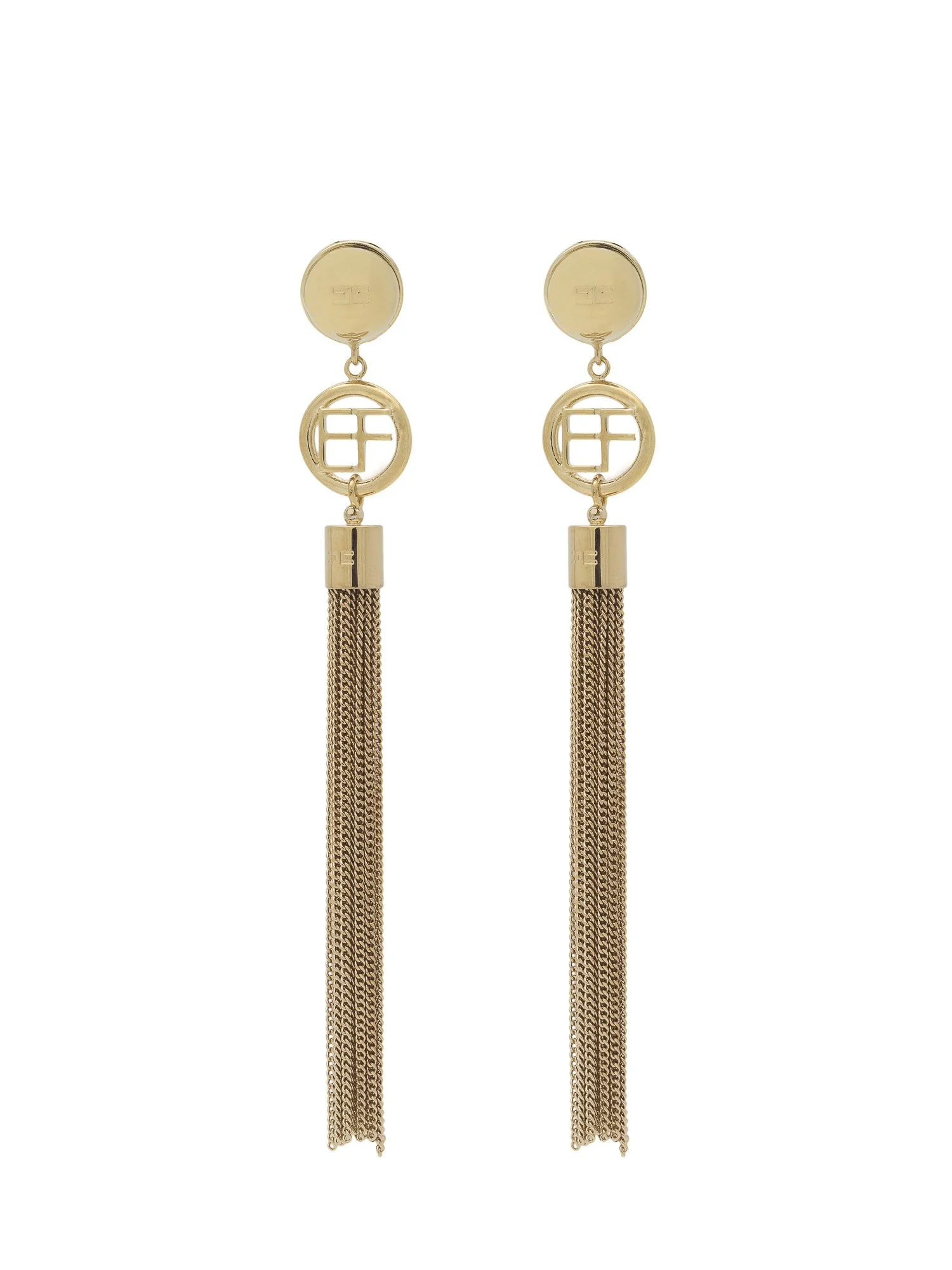 Gouden oorbellen met kettingdetails en een zwart vlak in het midden.