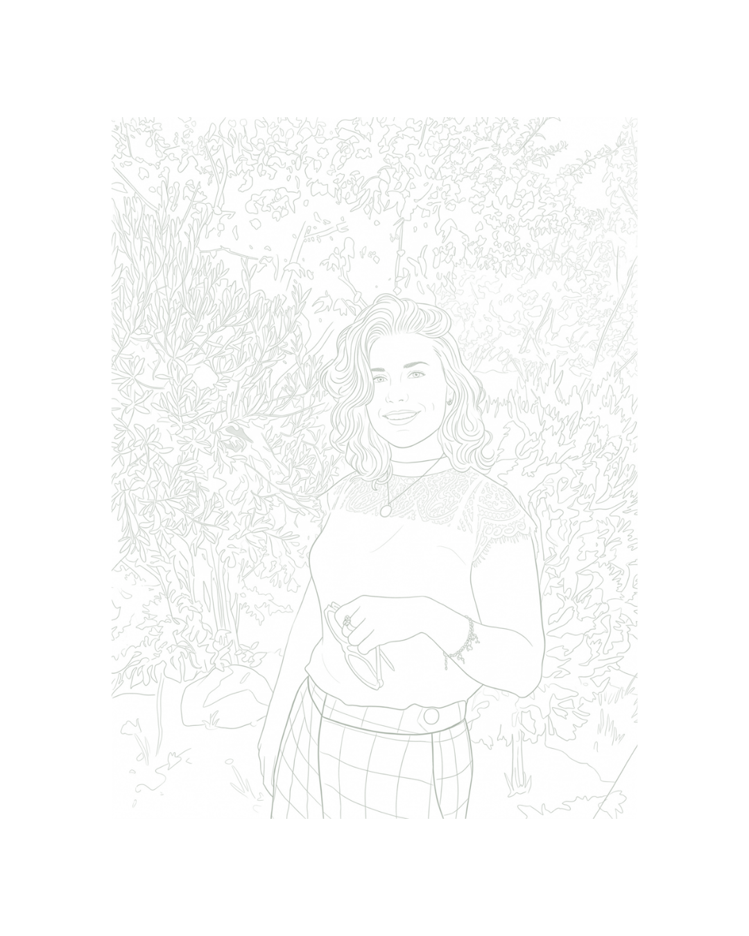 Outline drawing of a woman with wavy hair standing outdoors among trees and bushes, smiling and holding a phone.