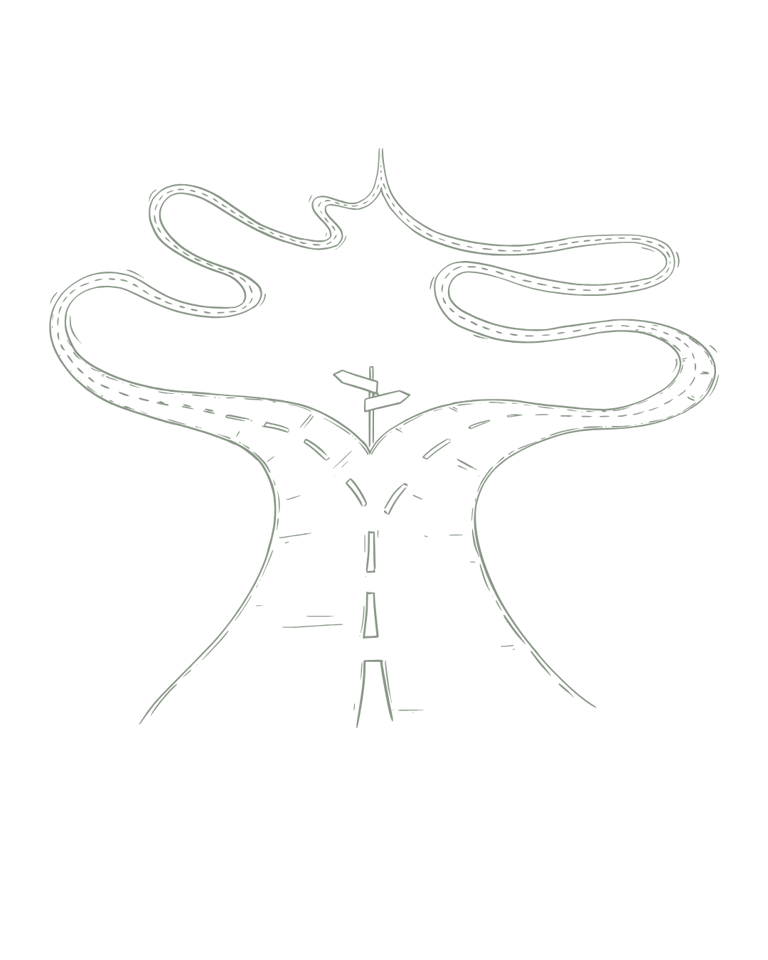 A black and white outline of a road with multiple loops, diverging into two paths, creating a maze-like structure.
