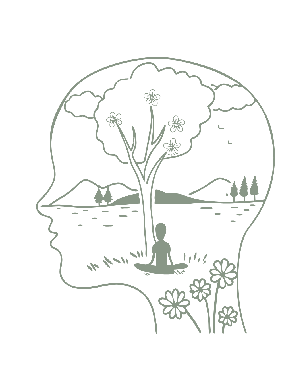 A line drawing of a human head silhouette with a scenic landscape inside, featuring a person meditating under a large tree, with mountains, clouds, and birds in the background, and flowers at the base of the head outline.