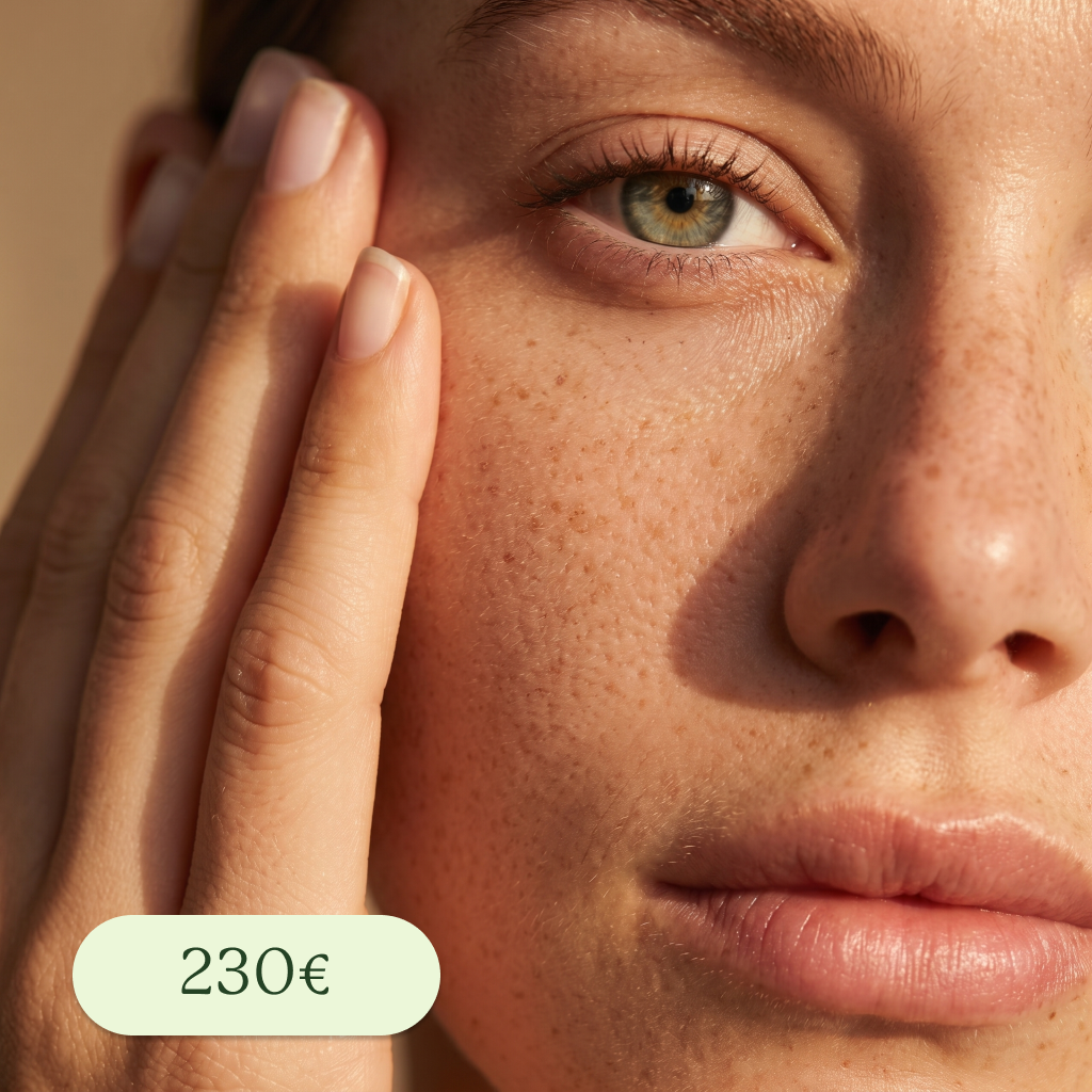Primer plano de una mujer con ojos verdes y piel de piel con pecas. Ella toca su mejilla con una mano. En la esquina inferior izquierda hay una etiqueta con el texto '230€'.