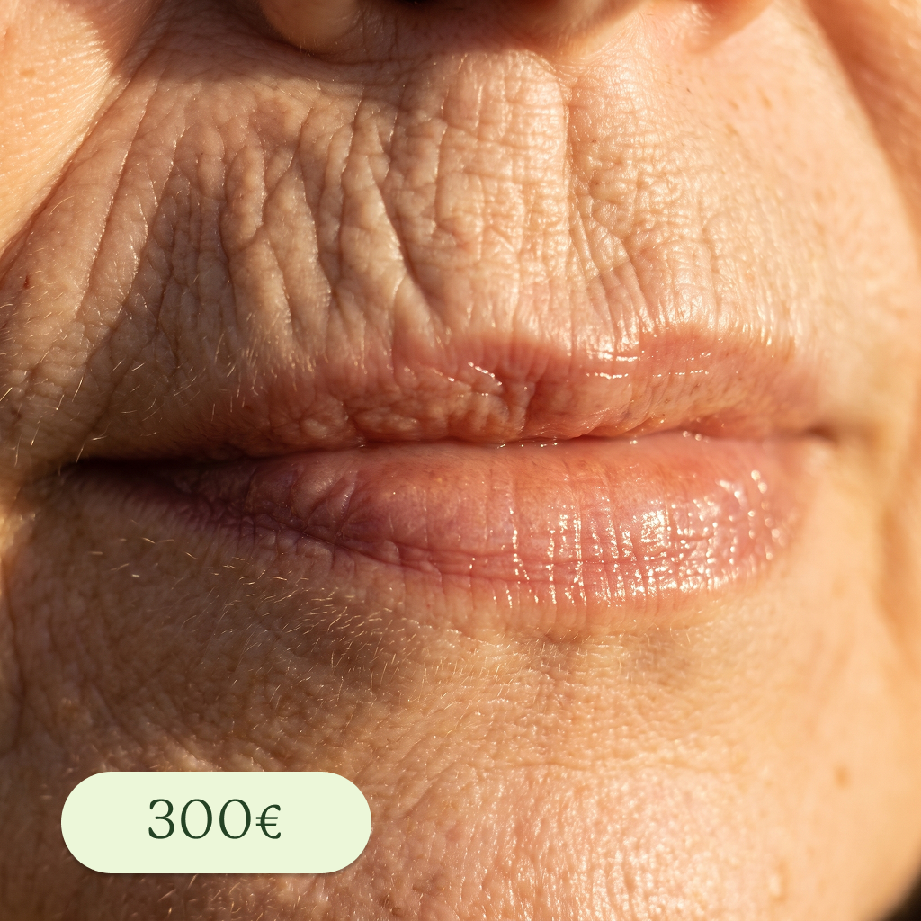 Primer plano de los labios y la parte superior del mentón de una persona de piel envejecida con arrugas.