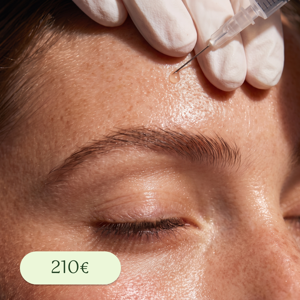 Persona recibiendo una aplicación de Botox en la frente por un profesional médico, con una etiqueta que indica un precio de 210 euros.