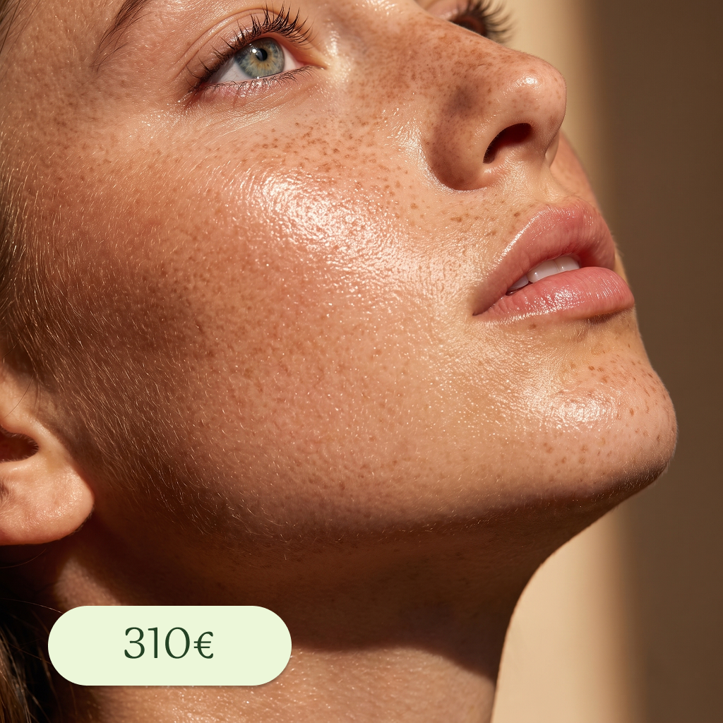 Primer plano de la cara de una mujer con piel clara y freckles, vista desde una esquina en un ángulo superior. La mujer tiene los ojos abiertos y está viendo hacia arriba. Su piel luce hidratada y con una textura natural. En la parte inferior izquierda, hay una etiqueta que dice '310€'.