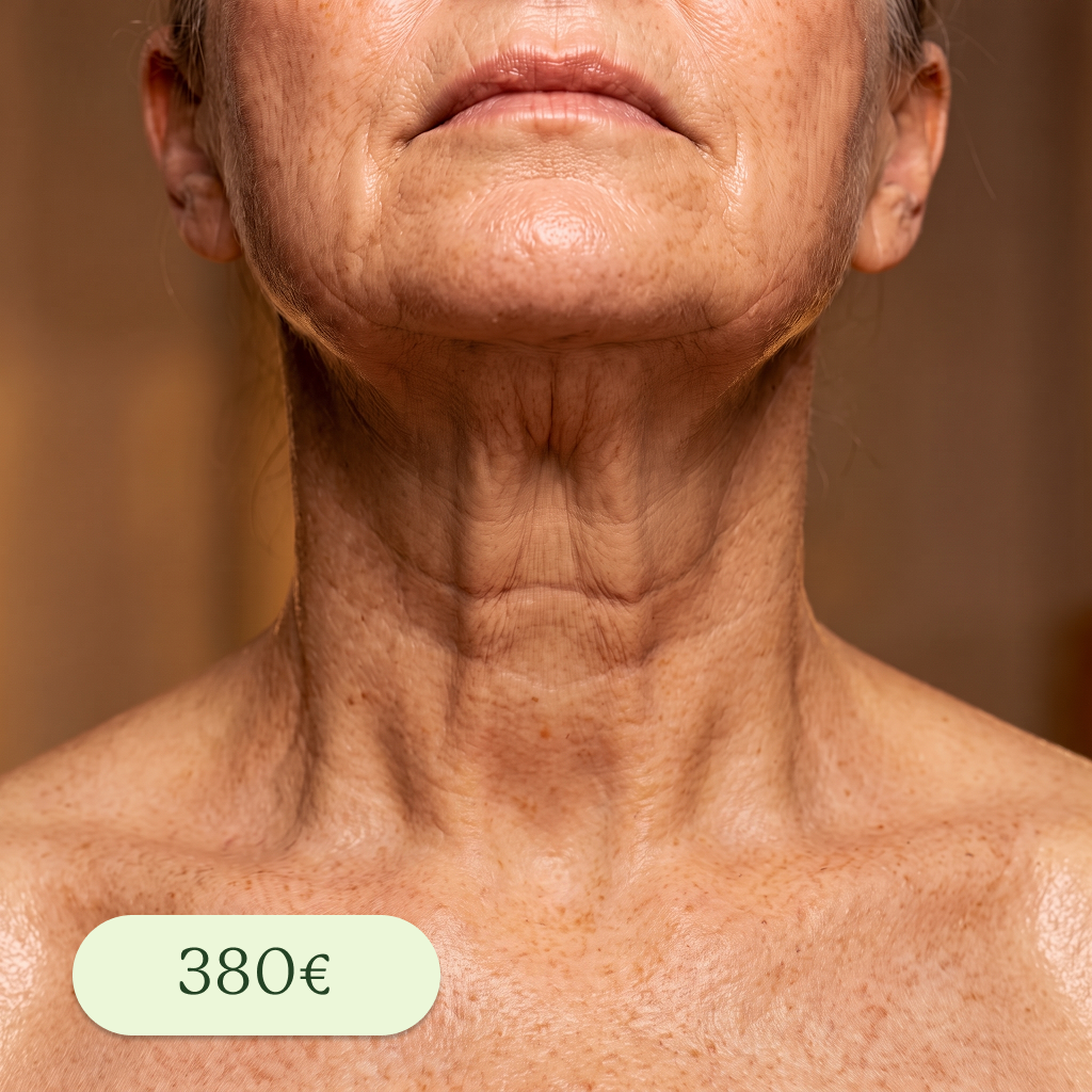 Cuello y parte inferior de rostro de una persona mayor, con piel arrugada y manchas, sin ropa. En la esquina inferior izquierda hay una etiqueta con el precio 380€.