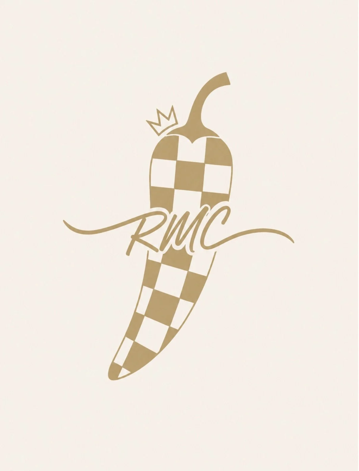 A stylized illustration of a chili pepper with a crown on top, decorated with a checkerboard pattern, with the letters 'RMC' written across it in cursive.