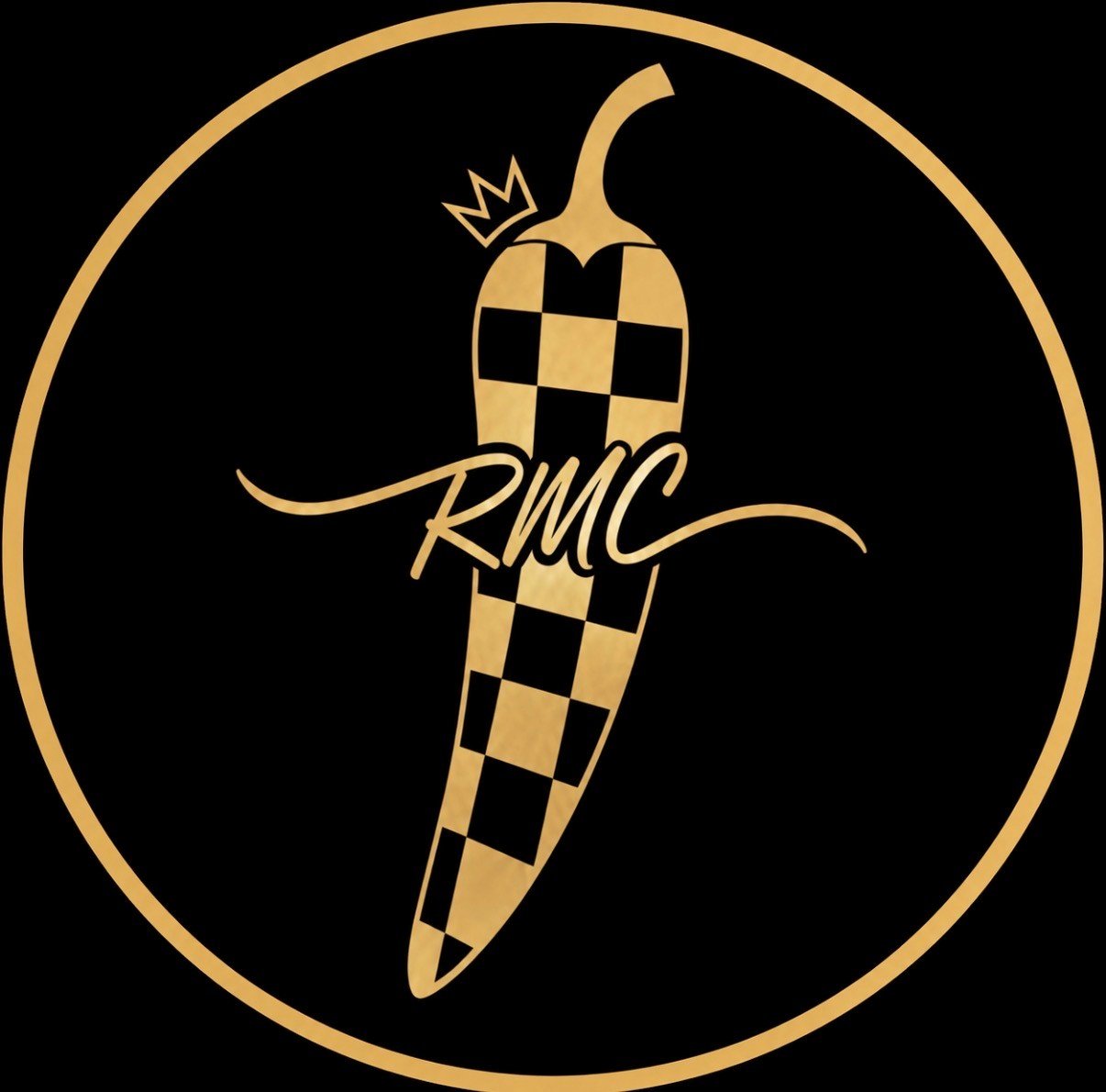 A circular logo with a black background and gold outline featuring a stylized chili pepper with a checkered pattern and a small crown on top. The letters "RMC" are handwritten across the chili pepper.