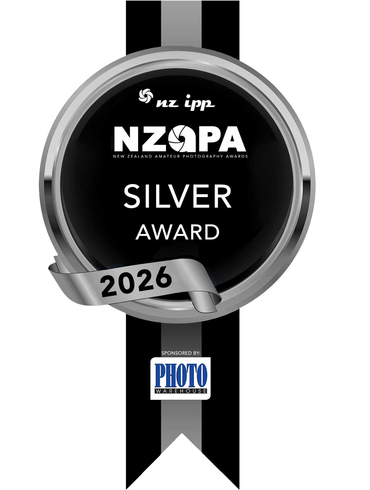 A silver award medal with black background, labeled 'NZOPA Silver Award 2026'. It is sponsored by Photo Warehouse.