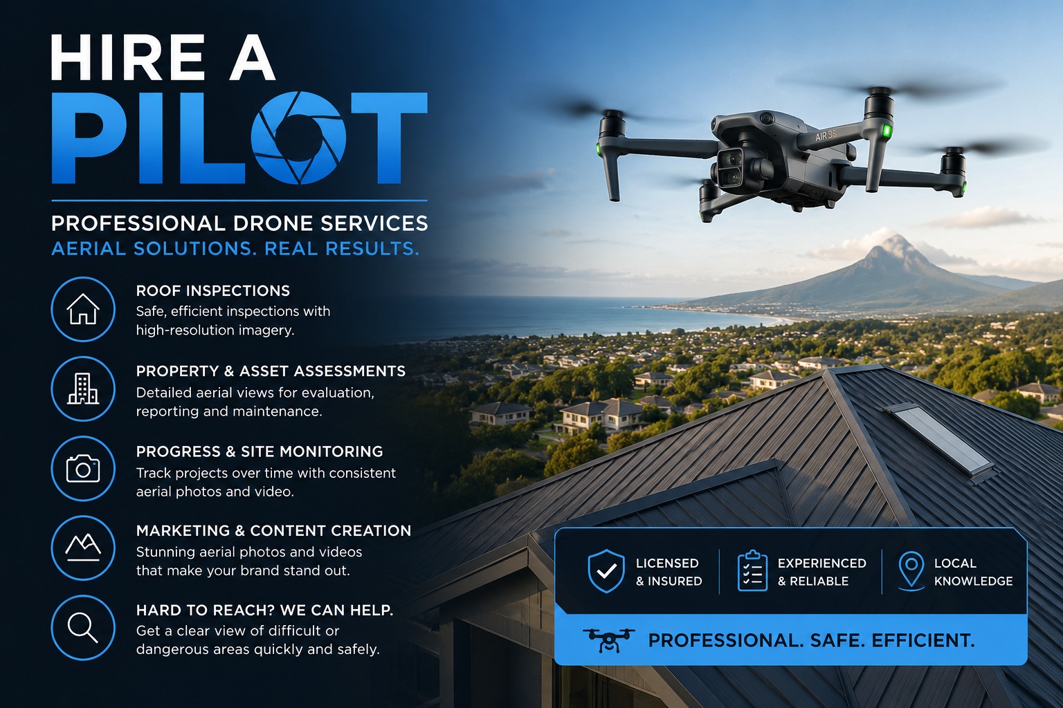 An advertisement for drone pilot services showing a drone flying over a residential area with a mountain in the background. The text highlights services like roof inspections, property assessments, site monitoring, marketing, and safety features. The section emphasizes licensed, insured, experienced, reliable, and local knowledge in drone services, with a slogan: 'Professional. Safe. Efficient.'.