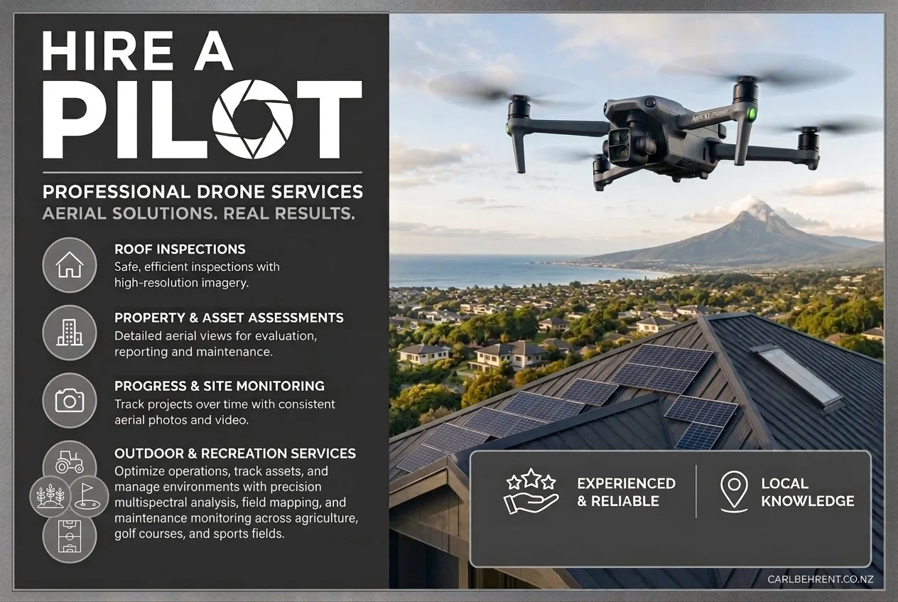 Drone flying over a residential area with solar panels on the roof, mountain in the background, and an advertisement for professional drone services offering roof inspections, property assessments, site monitoring, and outdoor services.