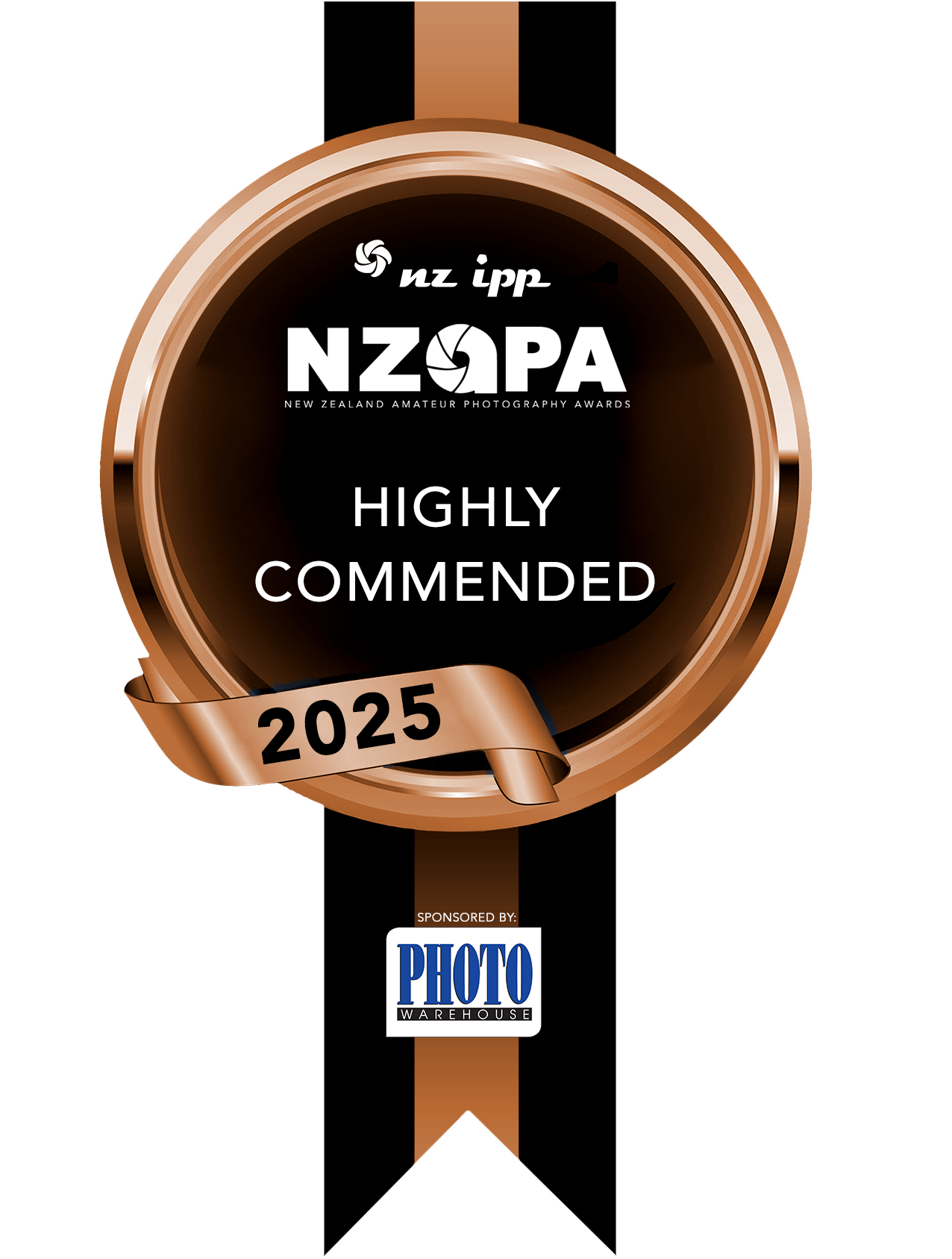 Award badge from NZOPA for highly commended in 2025, sponsored by Photo Warehouse.