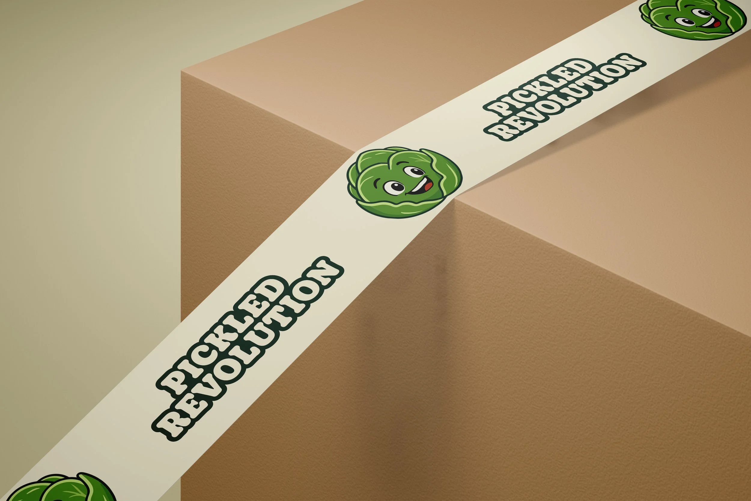 Pickled Revolution branded packaging tape on a shipping box
