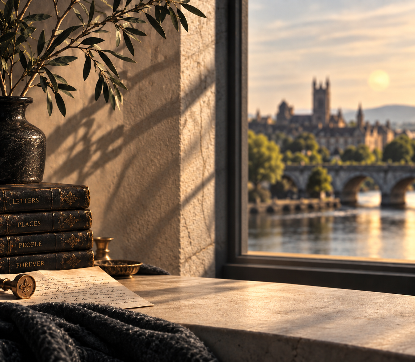 A windowsill with a black vintage vase holding an olive branch, a stack of black books titled "Letters," "Places," "People," and "Forever," an open handwritten letter, a gold wax seal, and a black knit blanket. Outside the window, a river flows under a stone bridge with a cityscape and a castle in the distance during sunset.