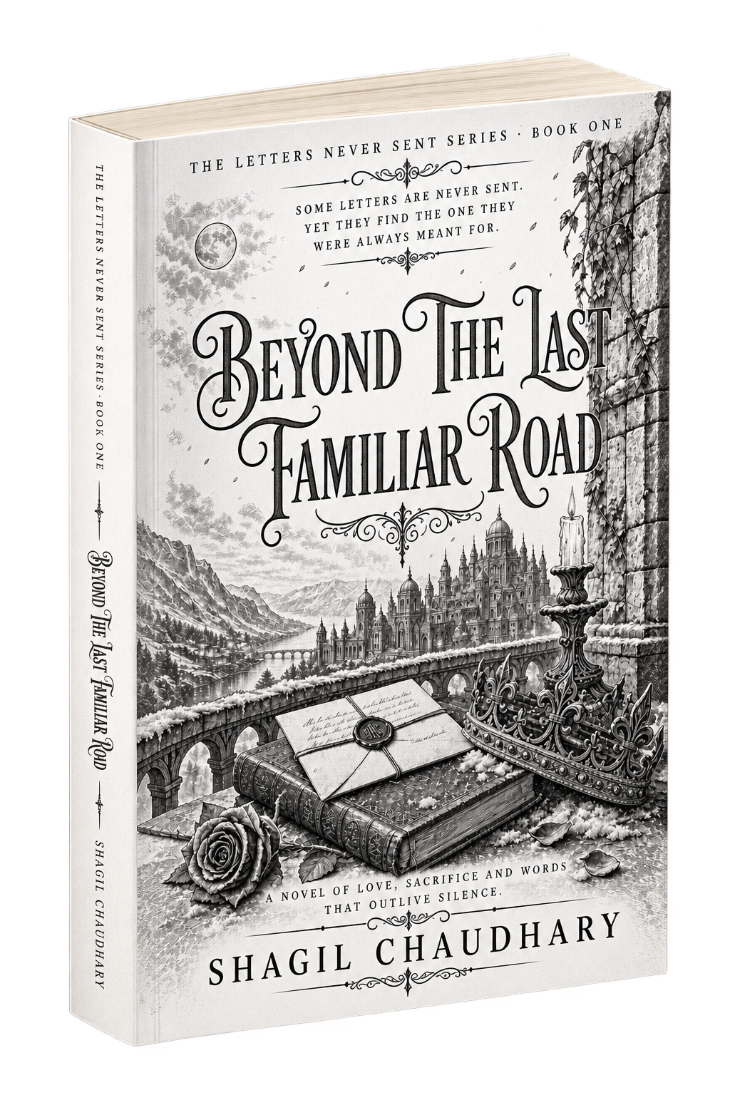 Cover of the book "Beyond the Last Familiar Road" by Shagil Chaudhary, depicting a black-and-white illustration of a castle, a bridge over mountains, a crown, a rose, an open letter, and a candle.