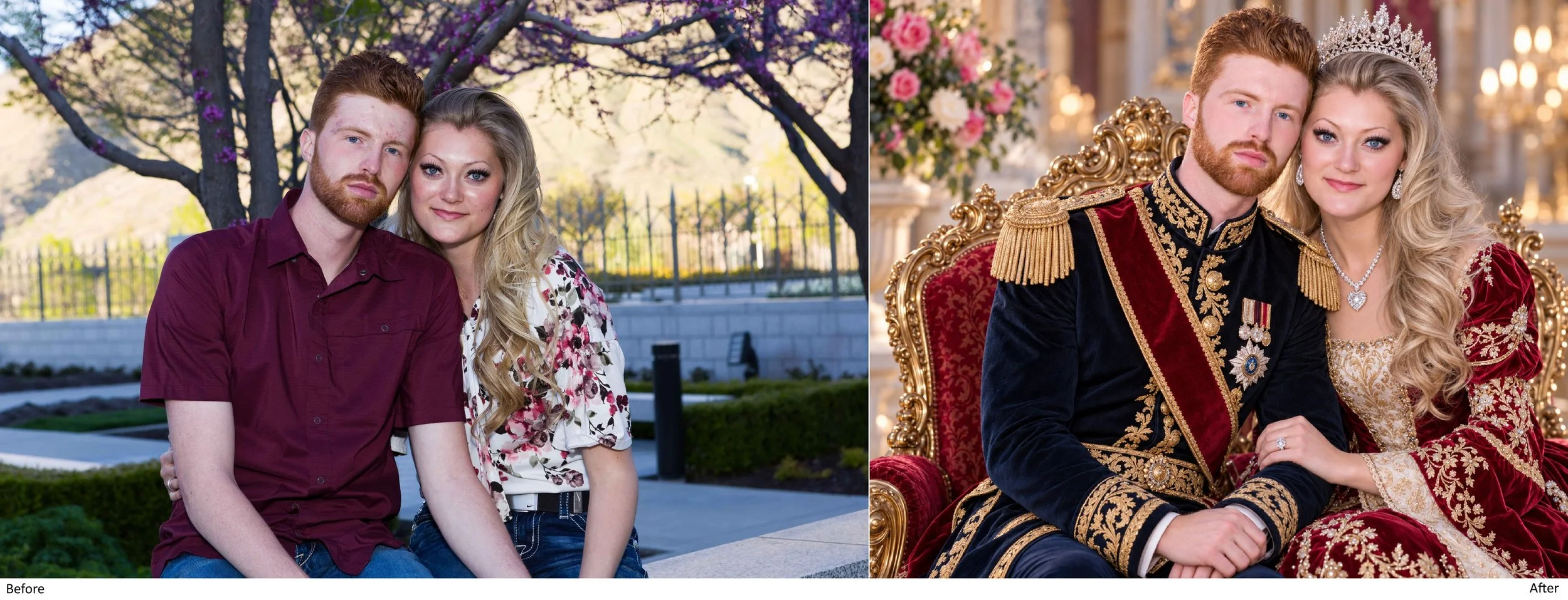 Comparison of two photos: the left shows a young couple casually dressed outdoors in front of a tree with purple blossoms; the right shows the same couple dressed in formal royal attire indoors, sitting on a lavish red and gold throne.