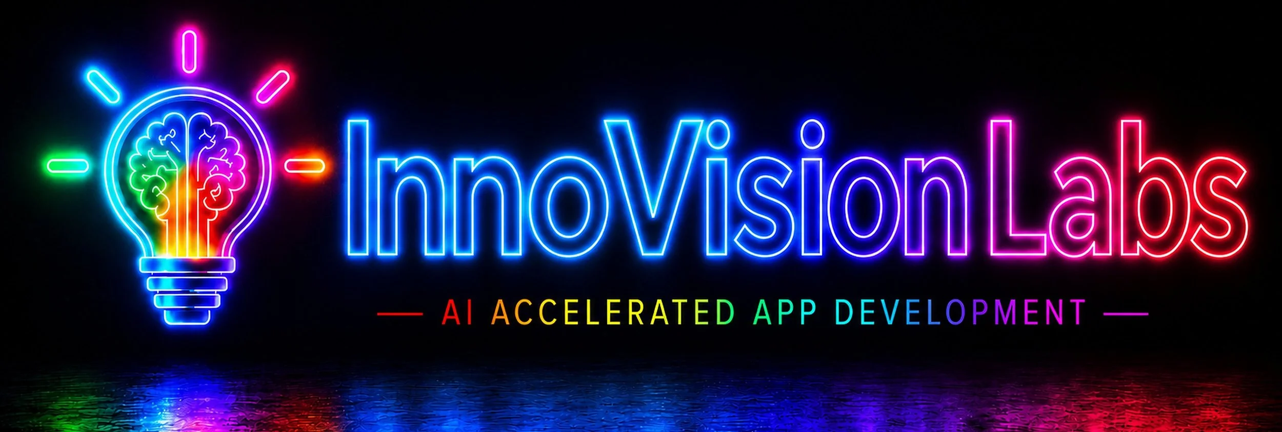 Neon sign reading 'InnoVision Labs' with a colorful lightbulb and a brain inside, underneath the words 'AI Accelerated App Development' in rainbow colors.