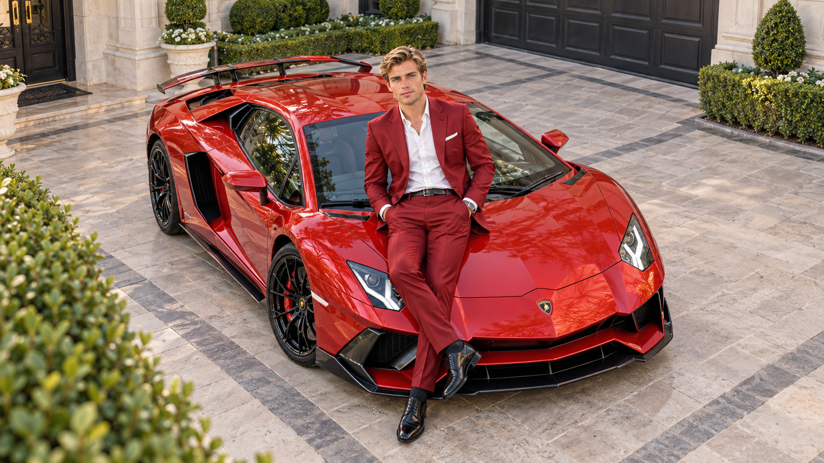 A man in a red suit leaning against a red Lamborghini parked on a stone driveway with greenery and a garage in the background.