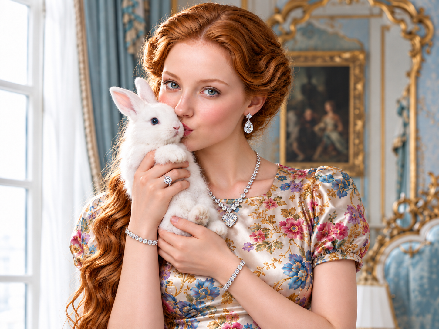 A woman with red hair and blue eyes holding a white rabbit. She is wearing elegant jewelry including a necklace, earrings, a ring, and a bracelet. She is dressed in a floral satin dress. The background features a richly decorated room with ornate gol
