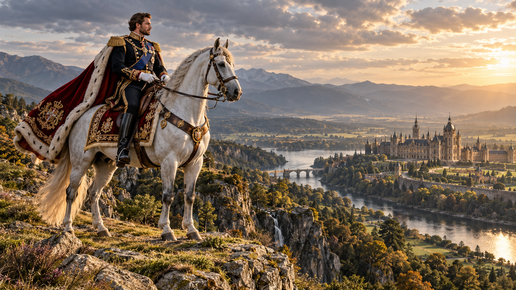 A man dressed in regal attire riding a white horse overlooking a landscape with a river and a large castle at sunset.