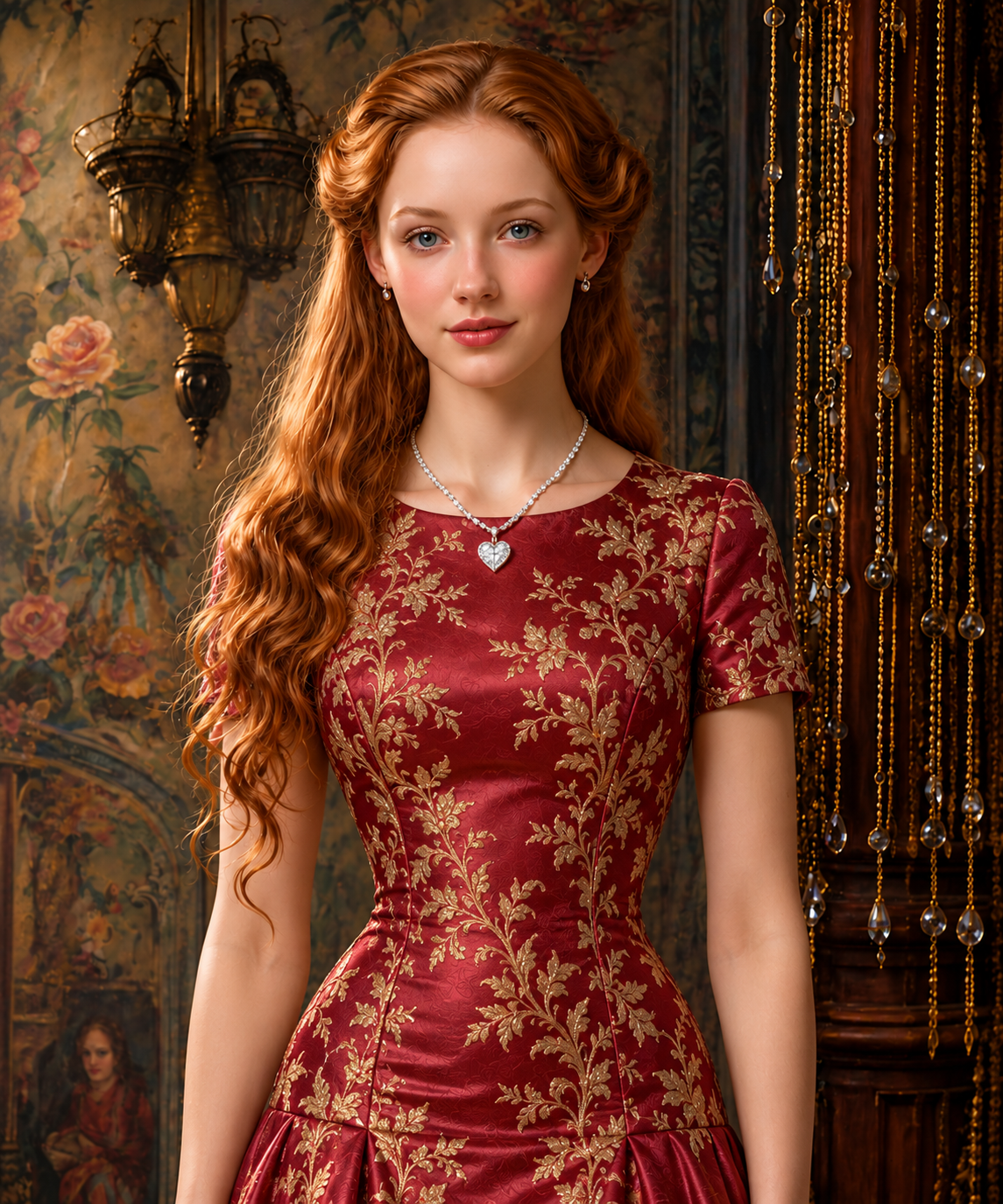 A woman with long, curly red hair wearing a red dress with gold floral patterns, diamond jewelry, and standing in an ornately decorated room.